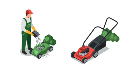 Fototapeta premium Gardening scene with isometric lawn mower and gardener