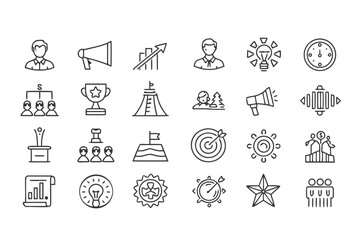 Business and Success Line Icons with People, Goals, and Growth collection