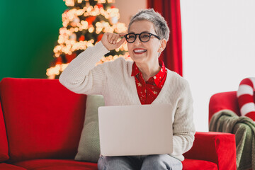 Mature woman with laptop at home during Christmas celebration, enjoying festive decorations and...
