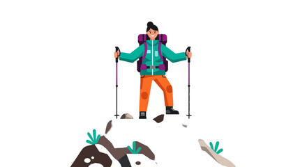 Adventurous Traveler Hiking a Mountain Peak Under a Dark Sky with Full Gear