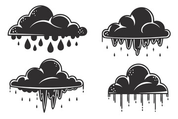 Cartoonish Black Clouds Dripping Rain and Icicles on White Background weather