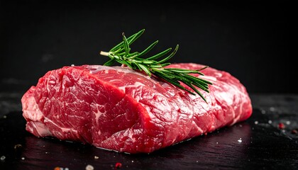 Raw red meat cut, garnished with rosemary, sits on a slate plate against a dark background, accented with salt
