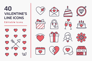 Collection of 40 Valentine's Day Line Icons with Hearts and Gifts love
