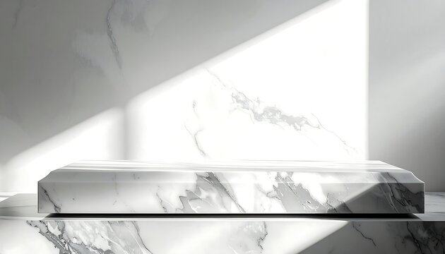Minimalist marble platform under bright, diffused sunlight with marbled background texture, clean and pristine