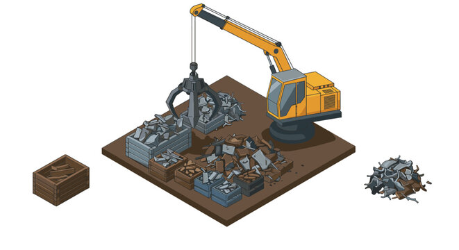 Isometric construction equipment crane with scrap metal on site