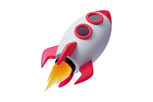 3D render of a vibrant, stylized rocket taking off, symbolizing rapid business growth, innovation, and the exciting journey of a successful startup launch towards new heights