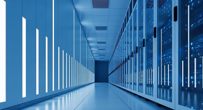 Server room interior with rows of rack servers, data center infrastructure, and network equipment for cloud computing and information technology