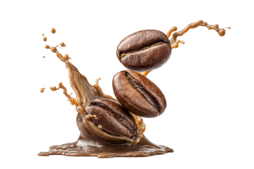 Coffee beans splashing into liquid on a transparent background, cut out