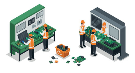 Isometric electronics workshop with engineers assembling circuit boards
