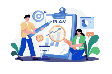 Business team collaborates on a strategic project plan, analyzing performance charts and setting clear targets for market success