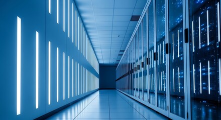 Illuminated server room with rows of computer servers and data storage equipment, showcasing modern technology and data center infrastructure
