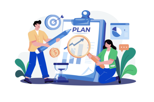 Business team collaborates on a strategic project plan, analyzing performance charts and setting clear targets for market success