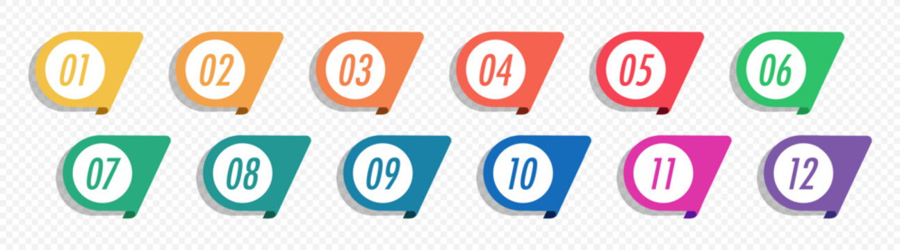 Bullet points numbers from 1 to 12 list markers. Infographic numbers set for progress, sequential processes or annual highlights