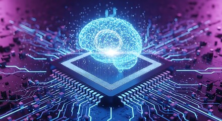 Artificial intelligence brain on a computer processor chip, symbolizing the integration of human intelligence with advanced technology