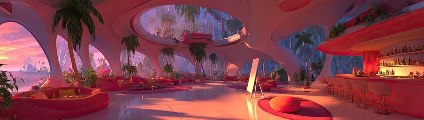 Modern tropical resort lounge with ocean sunset view.