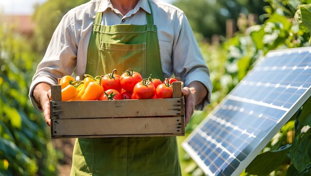 Farmer carrying freshly harvested vegetables with solar panel in background