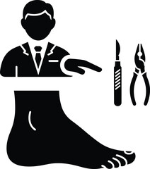 Podiatrist pointing at foot with scalpel and pliers icons human foot medical