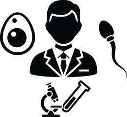 Scientist examining egg cell sperm and test tube with microscope science research