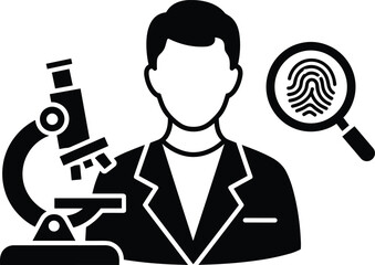 Scientist examining fingerprint with microscope and magnifying glass icon person male