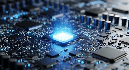 Closeup of a modern computer processor with glowing blue light, showcasing the intricate design and advanced technology of electronic components