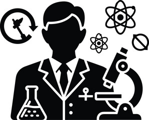 Scientist in lab coat with microscope atom flask and clock icon science laboratory