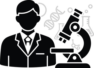 Scientist in suit with microscope D N A and lab equipment icons vector