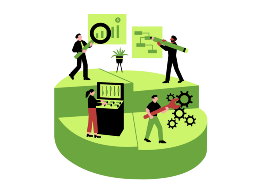 Collaborative business team working on a pie chart, symbolizing data analysis, strategic planning, and workflow optimization