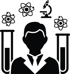Scientist with atoms microscope and test tubes black silhouette icon atomic molecule