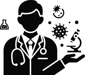 Scientist with microscope and virus studying disease in laboratory doctor medical