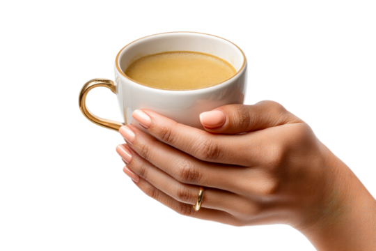Latina woman holding a cup of coffee on a transparent background, cut out - Powered by Adobe