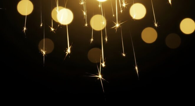 Golden abstract bokeh circles and bright shimmering falling spark trails against deep black background template