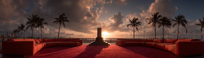 Sunset illuminates red carpet and palm trees beside the ocean.
