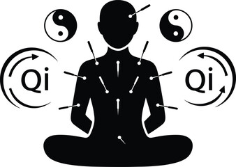 Silhouette of person with acupuncture needles and Qi symbols human body