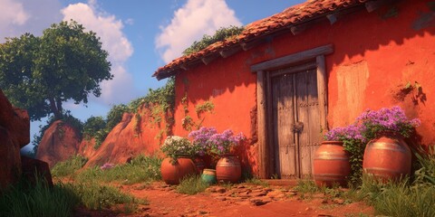 Rustic  dwelling with vibrant floral accents under a blue sky.