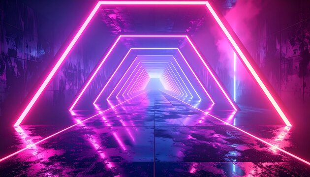 Neon-lit tunnel with repeating angular frames converging to a bright vanishing point, reflecting on a textured floor