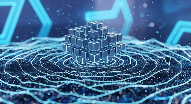 Abstract 3d render of a cube made of smaller cubes on a blue wave pattern, representing data, technology, and futuristic concepts - Powered by Adobe
