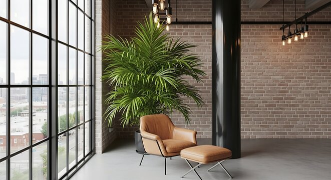 Modern loft apartment interior with large window and comfortable furniture