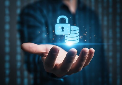 A person holding a digital display of a padlock and coins, representing data protection and security in the context of finance and technology