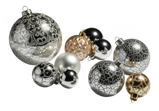 A collection of assorted christmas ornaments, including patterned silver and gold baubles, isolated on transparent background