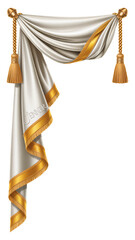 Elegant white drapery with opulent gold trim and tassels, perfect for luxurious event backdrops and sophisticated stage designs