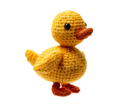 Handmade crocheted yellow duck toy on a transparent background, cut out - Powered by Adobe