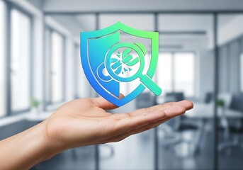A hand holding a shield with a magnifying glass icon in an office, representing the importance of data protection and privacy in the digital age
