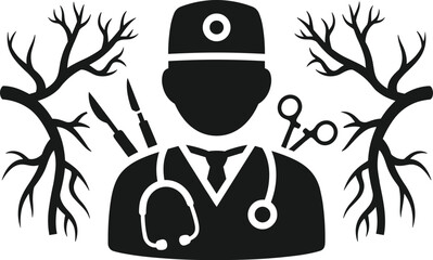 Silhouette of surgeon with medical tools and branching veins or arteries doctor healthcare