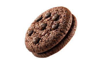 Two stacked chocolate chip cookies with dark brown texture on a transparent background, cut out