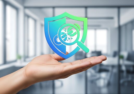 A hand holding a shield with a magnifying glass icon in an office, representing the importance of data protection and privacy in the digital age