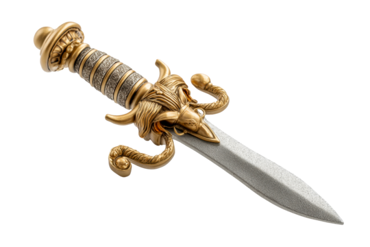 Ornate ancient golden dagger with intricate carvings on a transparent background, cut out