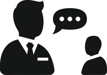 Two black silhouette figures one larger than the other in conversation white people