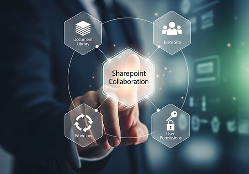 A businessman interacting with a virtual interface showing sharepoint collaboration features, highlighting teamwork, document management, and secure data sharing within an organization - Powered by Adobe