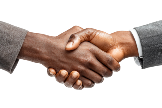 Two hands clasping in agreement and partnership on a transparent background, cut out