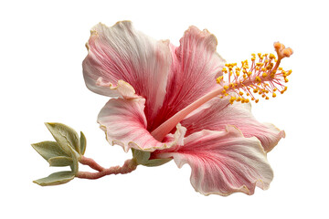 Close-up of a Delicate Pink Hibiscus Flower with Succulent Branch on a transparent background, cut out